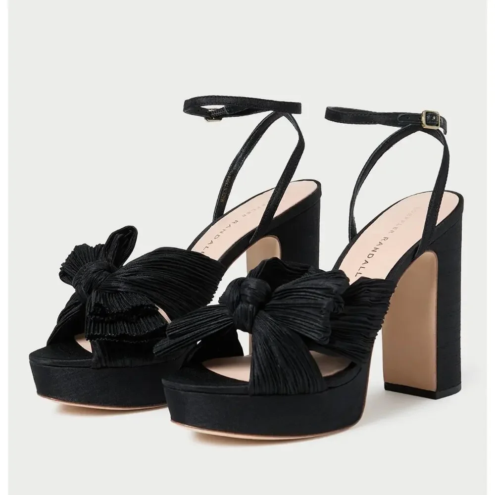 Loeffler Randall Natalia Black Silk Bow Pleated Platform Heel Sandals 6 NWT